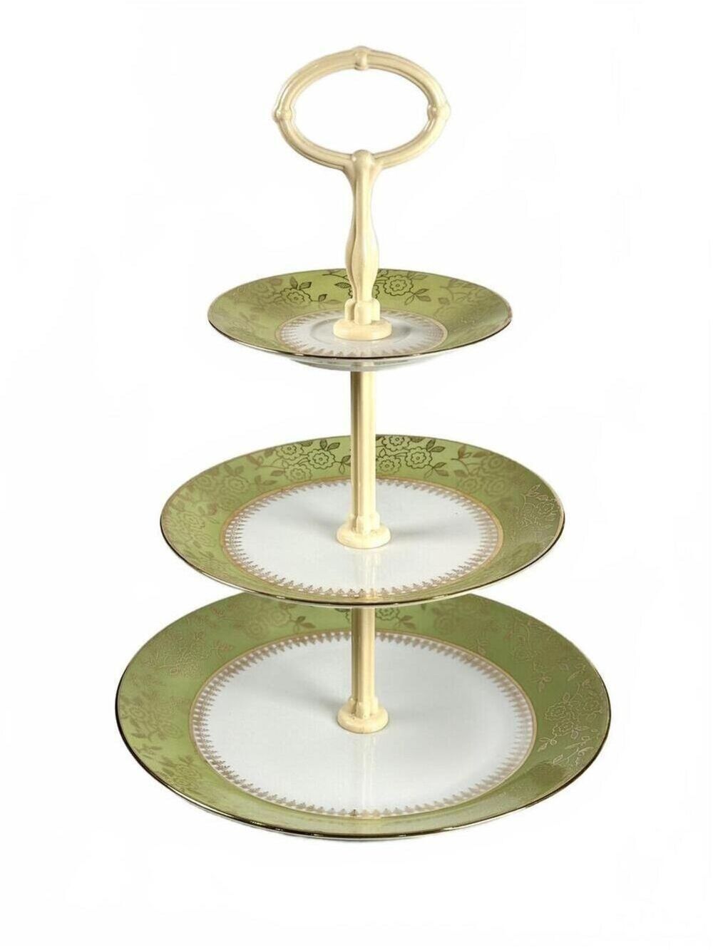 Vintage MZ Czechoslovakia 3-Tier Porcelain Cake Stand Green Gold Floral Rose